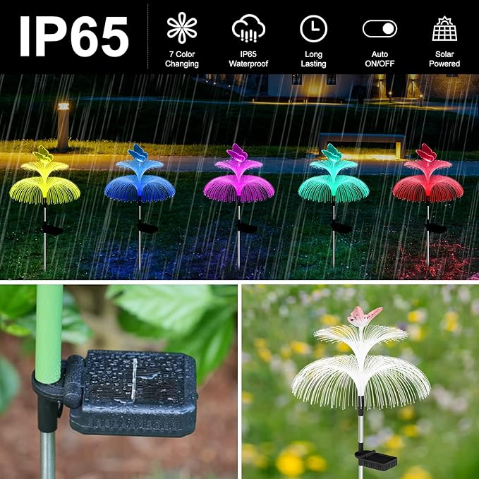 Weepong Solar Garden Lights Waterproof 3 Pack Solar Lights Outdoor Decorative 7 Color Changing Double Jellyfish and Butterfly Flower Garden Decor Yard Christmas Pool Outdoor, Gifts for Mother's Women