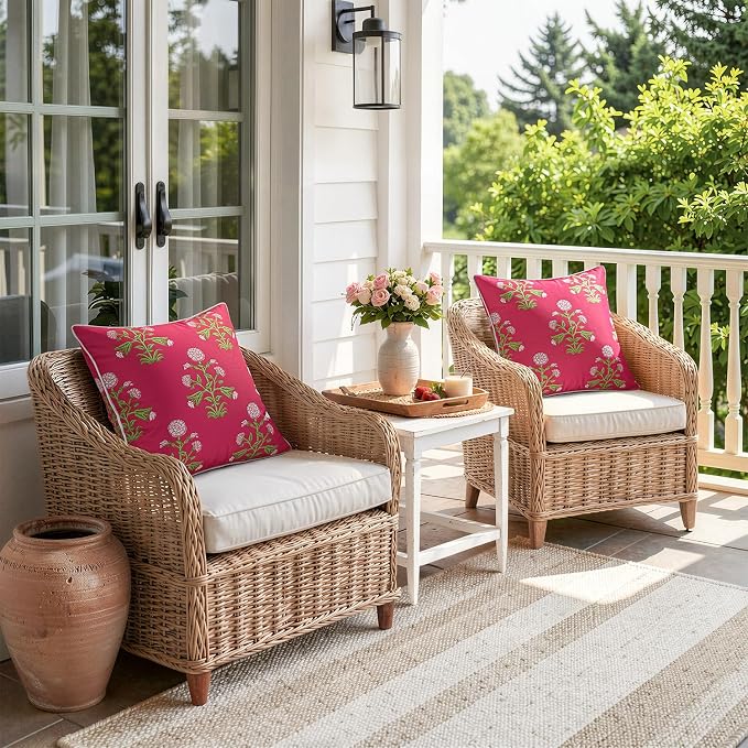MIULEE Floral Outdoor Pillows Covers with Inserts 18x18 Hot Pink | Set of 2 Waterproof Decorative Throw Pillows with Piping,Vintage Fade Resistant, Patio Furniture Summer Garden Couch Sofa