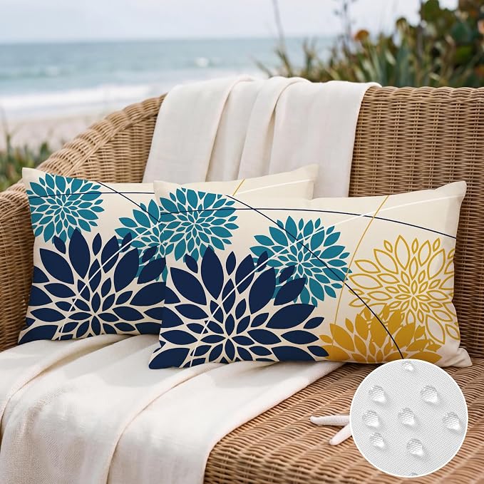 OTOSTAR Outdoor Dark Blue Cyan Yellow Pillow Covers 12x20 Inch Set of 2 Flower Throw Pillows Farmhouse Geometric Dahlia Floral Lumbar Cushion Case Waterproof Decor for Sofa Patio Funiture Garden