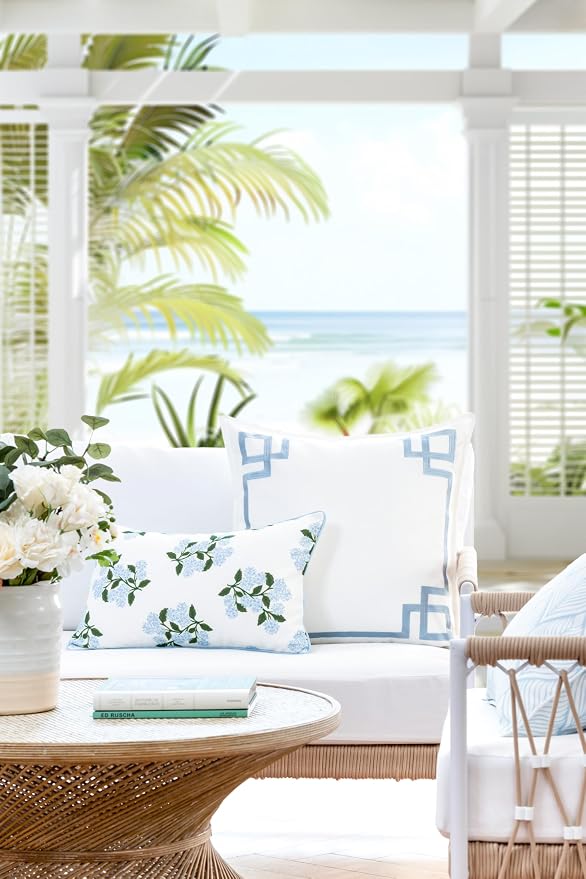 Hofdeco Premium Coastal Patio Indoor Outdoor Lumbar Pillow Cover Only, 12"x20" Water Repellent for Backyard, Couch, Baby Blue Print Hydrangea Flower