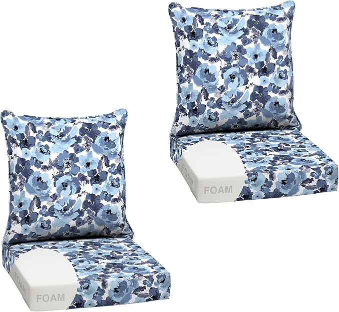 Arden Outdoor Deep Seat Cushion Set, Foam, 24x24, Blue Garden Floral | 2-Pack, Sofa, Couch, Conversation Set, Premium High-Density Foam, Never Flattens, Mold and Mildew Resistant
