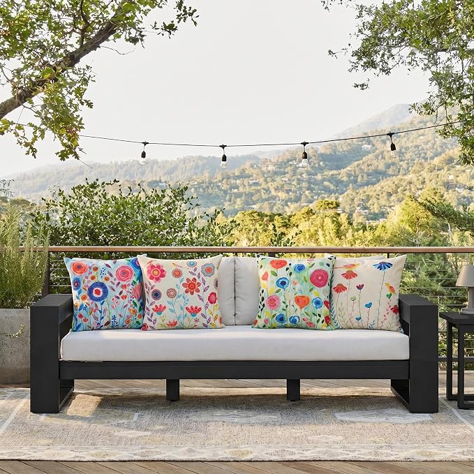 Colorful Floral Outdoor Throw Pillow Covers 18x18 Waterproof, Set of 4 | Floral Pillow Cases, Flower Decor, Spring Summer Outdoor Pillows for Patio Furniture Porch, No Decorative Pillow Inserts