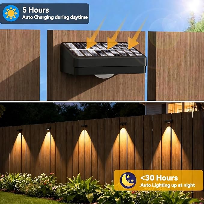 Solar Lights Outdoor,3-Color Solar Lights Outdoor Waterproof | Solar Fence Lights, Auto On/Off, Ip44 Abs Material,30h Runtime No Wiring Needed,Suitable for Gardens,Paths,Fences,Steps.(6P)