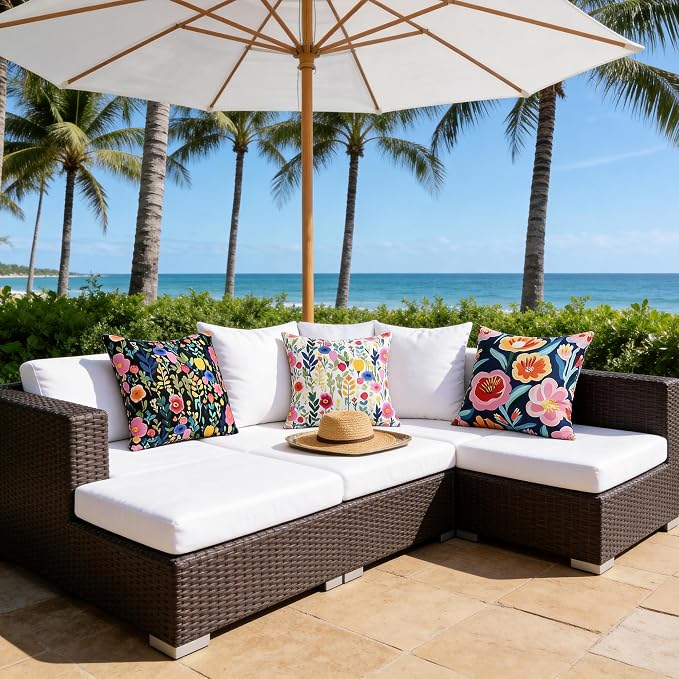 Outdoor Pillows Covers 18X18 Inch Pack of 2, Spring Floral Waterproof Throw Pillow Covers, Black Printed Flower Decorative Square Pillowcases for Summer Patio Furniture Garden Balcony Porch