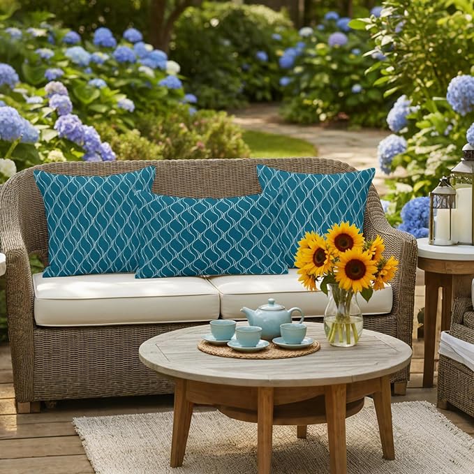 Teal Blue Stripes Outdoor Pillow Covers 20x12 Inch Lumbar Pillow Covers Set of 2 Waterproof Decorative Throw Pillow Cases Simple Geometric Modern Monochrome Cushion Covers for Patio Furniture Garden