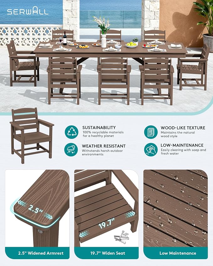 SERWALL Outdoor Dining Chairs Set of 4, All-Weather HDPE Patio Chair with 19.7" Widened Seat, for Backyard, Garden, Brown