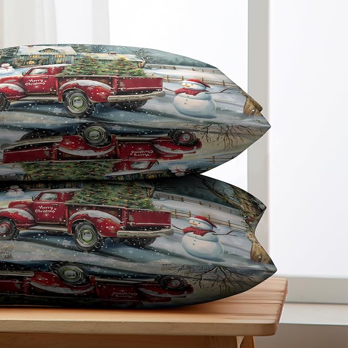 Christmas Lumbar Pillow Covers 12x20 Red Truck with Christmas Trees Snowman Rectangle Pillow Case Xmas Holiday Waist Cushion Case for Bedding Couch Patio Bench Set of 2