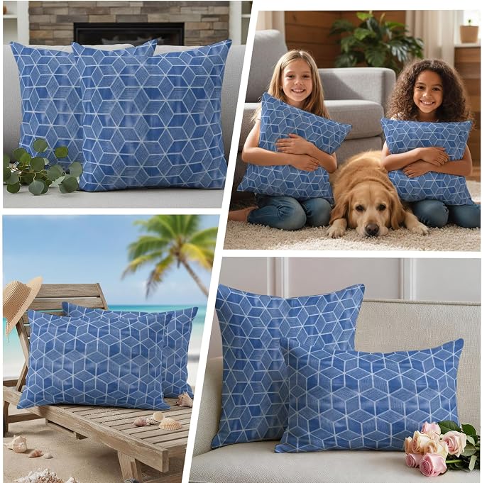 Blue Honeycomb Tiling Waterproof Outdoor Pillow Covers Set of 2 Home Decor, Wooden Grain Blocks Lumbar Pillowcase Patio Pillow Covers for Couch Bench Patio Furniture Garden 20x12in