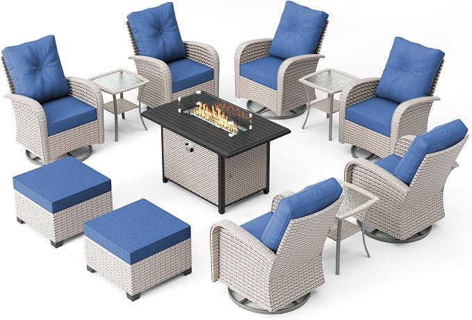 12-Piece Patio Furniture Set, Outdoor Swivel Rocking Chairs Set with 55,000 BTU Fire Pit Table,All Weather Conversation Set for Porch Poolside Balcony