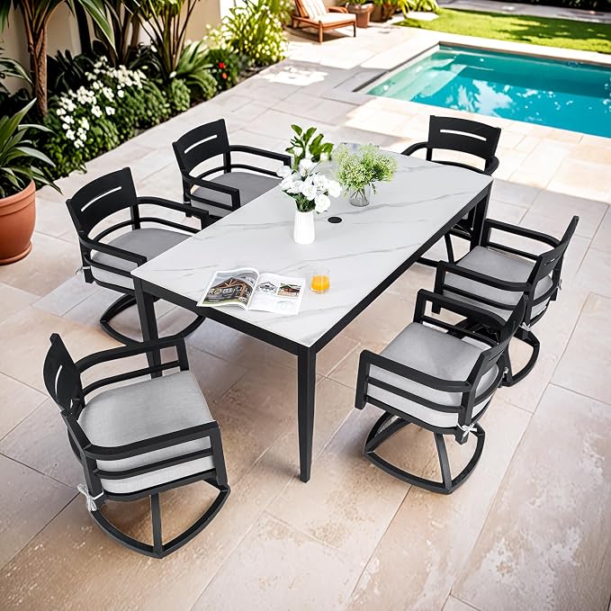 7PC Aluminum Outdoor Patio Dining Set, 71”Rectangular Dining Table with White Marble Pattern Sintered Stone Top and 6 Cushioned Swivel Rockers, All-Weather Patio Furniture