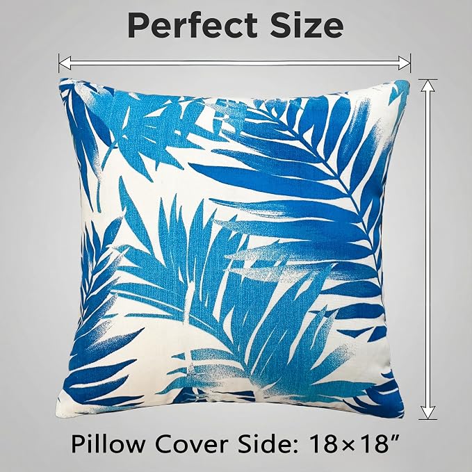 JMGBird Outdoor Pillows Waterproof 18x18 Throw Pillows with Inserts 2pcs | Blue Leaf Pattern UV Fade Resistant Patio Pillows
