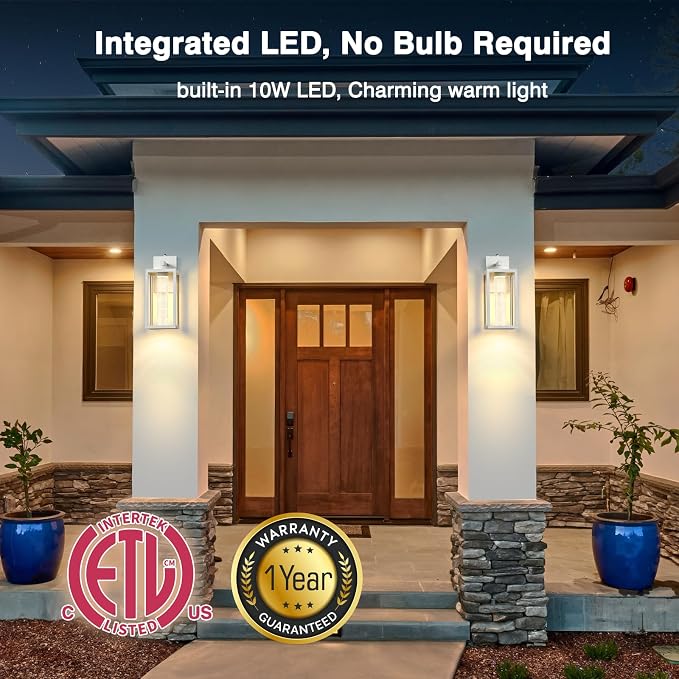 VIANIS White Porch Lights Outdoor, Large Exterior Sconce Lighting for House with Integrated 10W LED Light Source, 100% Aluminum Exterior Light Fixture Wall Mount for Garage with Crystal Bubble Glass