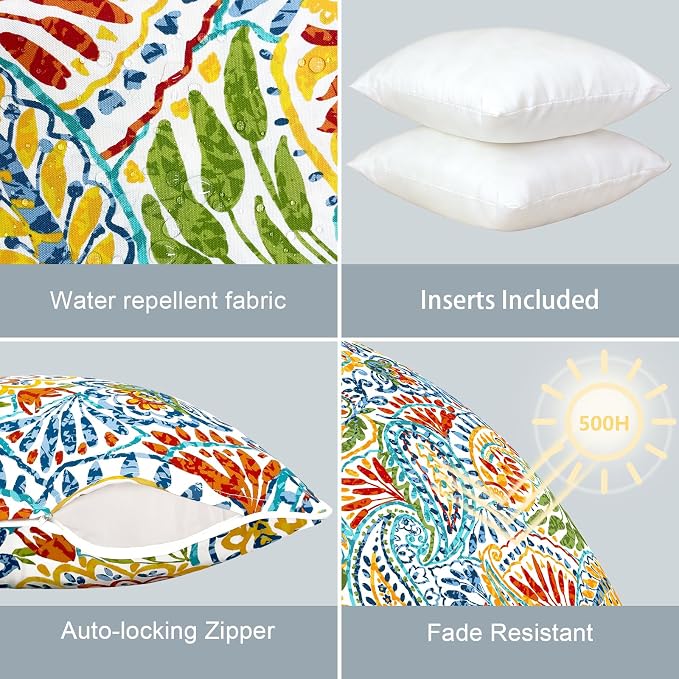 LVTXIII Outdoor/Indoor Throw Pillows, Decorative Patio Accent Pillows, Fluffy Water Repellent Garden Cushions for Home Patio Coach Sofa Use, 18×18 Inch, Pack of 2, Paisley Multi