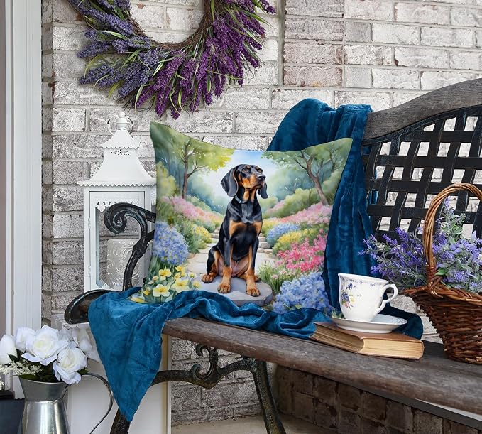 Caroline's Treasures Black and Tan Coonhound Spring Path Throw Pillow Machine Washable, Indoor Outdoor Decorative Pillow for Couch, Bed or Patio, 18Hx18W