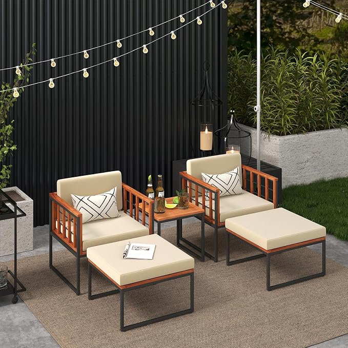 HAPPYGRILL 5 Pieces Patio Conversation Set Acacia Wood Outdoor Furniture Set with Chairs, Ottomans & Coffee Table, Soft Seat & Back Cushions, Patio Wood Chair Set for Backyard Poolside Garden