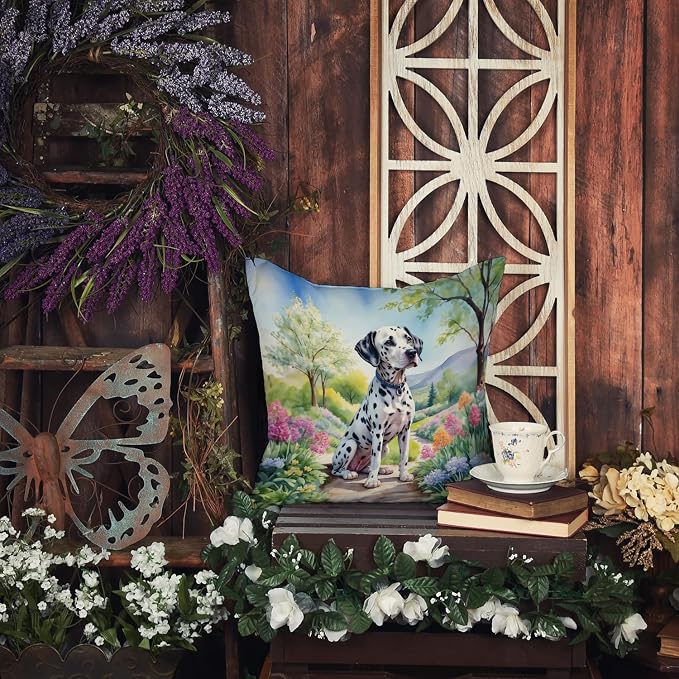 Caroline's Treasures Dalmatian Spring Path Throw Pillow Machine Washable, Indoor Outdoor Decorative Pillow for Couch, Bed or Patio, 14Hx14W