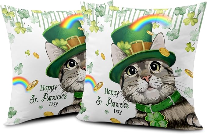 Happy St Patricks Day Pillows Covers 24x24 Pack of 2 Lucky Cat Clover Pillow Covers Rainbow Gold Coin Shamrock Decorative Pillow Cases Cushion Case for Living Room Couch Sofa