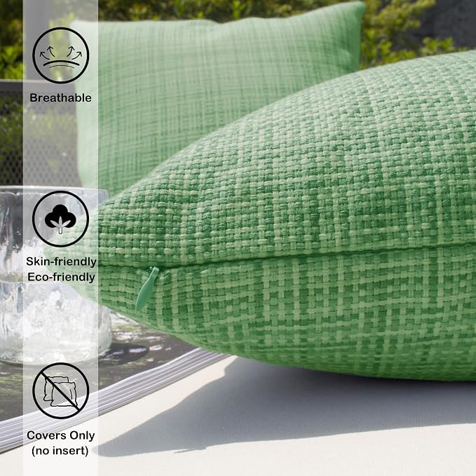Kevin Textile Outdoor Waterproof 20"x20" Pillow Covers 2 Pack, Sage Green | Water Resistant, Faux Linen Yarn-dyed, Woven Texture Throw Pillow Covers for Tent Patio Garden Couch Sofa