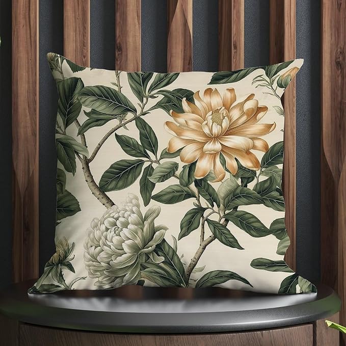 Green and White Chinoiserie Floral Pillow Cover Golden Lotus Flower Pillows 20x20 INAbstract Accent Modern Decorative Pillow Covers for Patio Couch Sofa