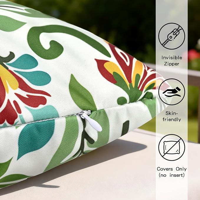 Floral Waterproof Outdoor Throw Pillow Covers 18x18 Inch Set of 2 | Green and Yellow Floral Pillow Cover, Summer Outdoor Decor Cushion Cases for Garden Patio Balcony Funiture Porch Couch Sofa