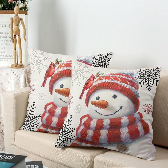 Christmas Snowman Pillow Covers 16x16 Set of 2 Lovely Red Snowman with Cardinal Bird Snowflake Cushion Case Winter Holiday Throw Pillow Covers for Living Room Bedroom Sofa