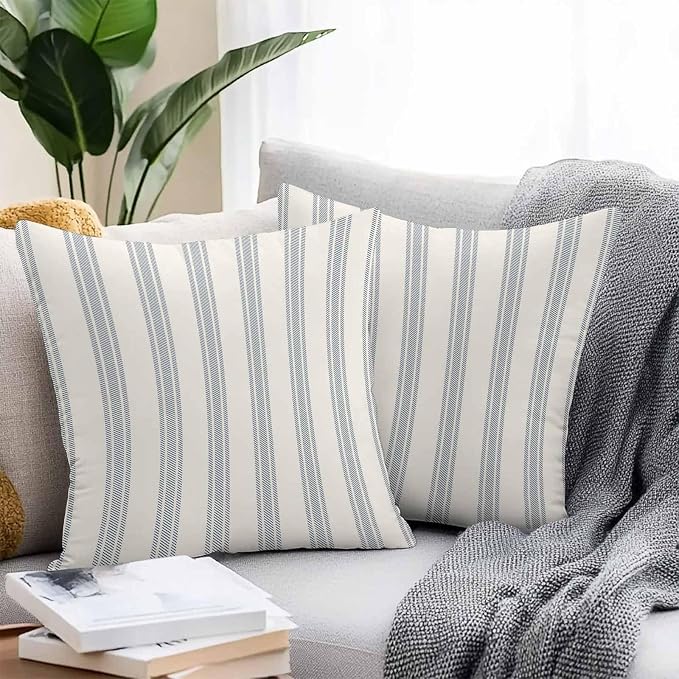 Throw Pillow Covers 18x18 Inch Set of 2, Blue Striped Waterproof Outdoor Cushion Covers, Modern Stripes Farmhouse Decorative Pillowcases for Couch, Sofa, Bed, Garden, Patio