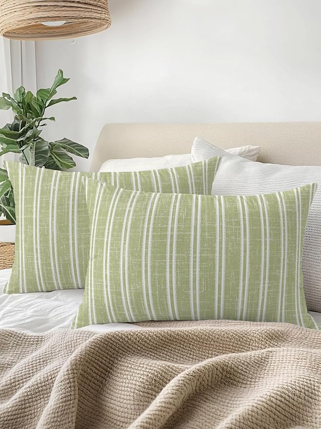 Waterproof Outdoor Pillow 1 Pack Sage Green Linen Striped Decorative Throw Pillows Cover & Insert 20x12 Inch Lumbar Pillowcase Vertical Stripes Lines Pillows for Couch Sofa Bed Patio Furniture