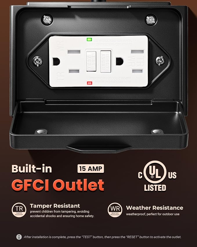 Gleamz Dusk to Dawn Outdoor Lighting with GFCI Outlet, Black Porch Lights Outdoor with Water-Ripple Glass, Anti-Rust Exterior Lights for House, Garage, Patio, Doorway, 100% Aluminum, Waterproof