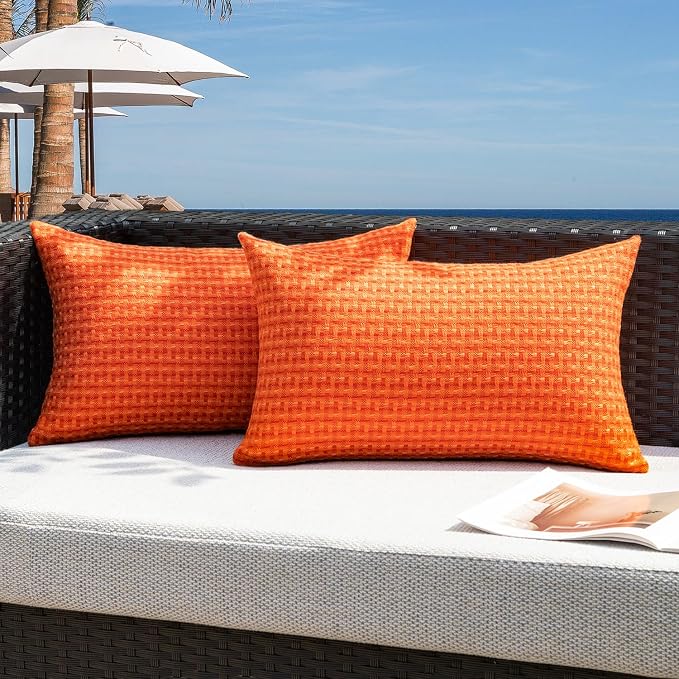 Kevin Textile Outdoor Waterproof 12"x20" Pillow Covers 2 Pack, Orange | Water Resistant Weaving Faux Linen Texture Throw Pillow Covers, Outside Decorative Pillowcases for Garden Patio Balcony Couch