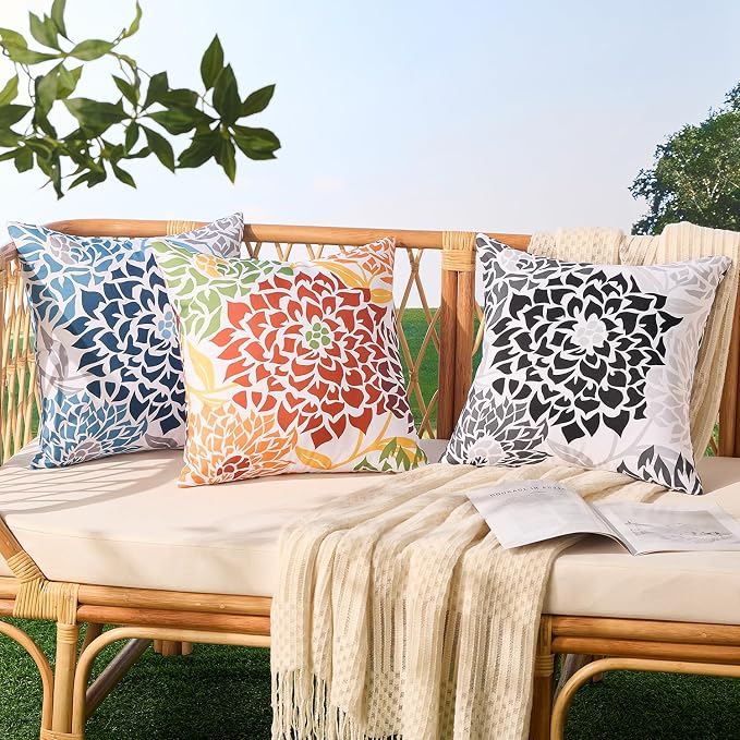 Allorry Outdoor Pillow Covers 20x20 Set of 2 Black Gray Flower Pattern Decoration Throw Pillow Covers for Spring Summer Outdoor Waterproof Furniture Garden Patio Sofa Bedroom Home Decor JB011-B20