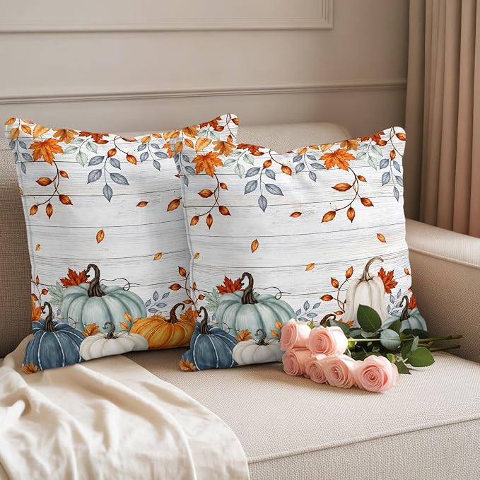 Fall Waterproof Outdoor Pillow Covers 24''x24'' Set of 2, Thanksgiving Maple Leaf Branch Vintage Wooden Patio Cushion Covers for Chairs,Decorative Blue Green Pumpkin Pillow Cases for Garden/Pool/Beach