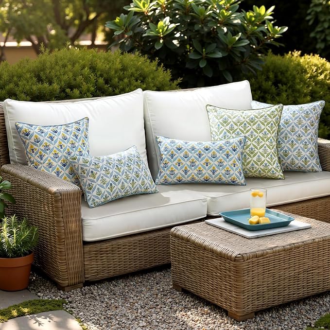 ANRODUO Floral Outdoor Waterproof Pillow Covers Set of 2 Blue 20x20 Inch | Square Block Print Decorative Cushion Cases With Refined Edge Piping for Summer Patio Porch Garden Couch Sofa Bench Decor