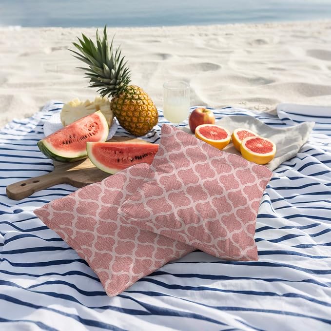 Coral Pink Morocco Outdoor Pillow Covers 24x24 Inch Throw Pillow Covers Set of 2 Waterproof Decorative Pillow Cases Vintage Geometric Plaid Mahbudium Cushion Covers for Patio Furniture Garden Couch