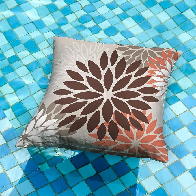 DFXSZ Outdoor Waterproof Pillow Covers 16x16 Set of 2 Brown Red Flower | Spring Summer Waterproof Flower Throw Pillowcases（No Inserts）Outdoor Decor for Patio Funiture Garden Polyester Covers