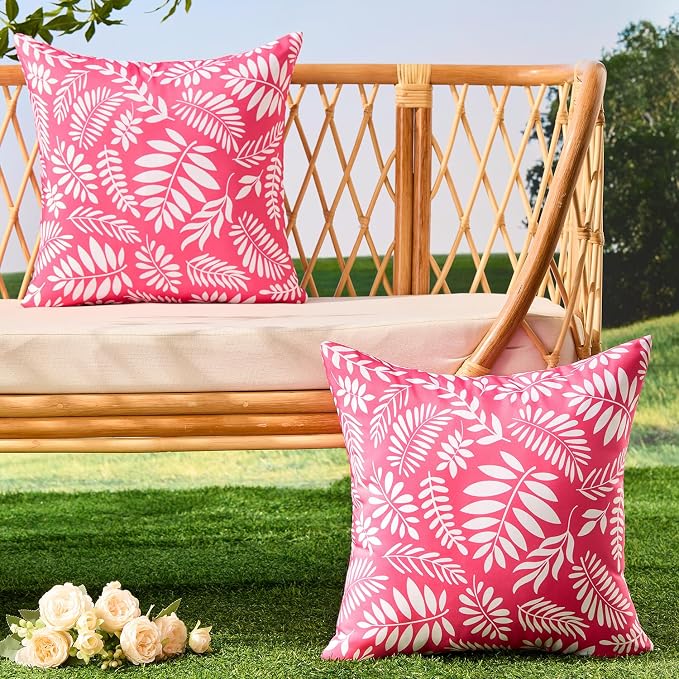 Allorry Outdoor Pillow Covers 18x18 Set of 2 Tropics Palm Leaves Rose Red Floral Pattern Decoration Pillow Covers for Spring Summer Outdoor Waterproof Garden Patio Sofa Bedroom Home Decor JB009-C18