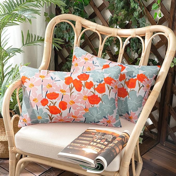Pyonic Floral Outdoor Lumbar Pillows Covers 12x20 inch Waterproof Spring Summer Decor Outdoor Pillows for Patio Furnture Garden Bench Porch