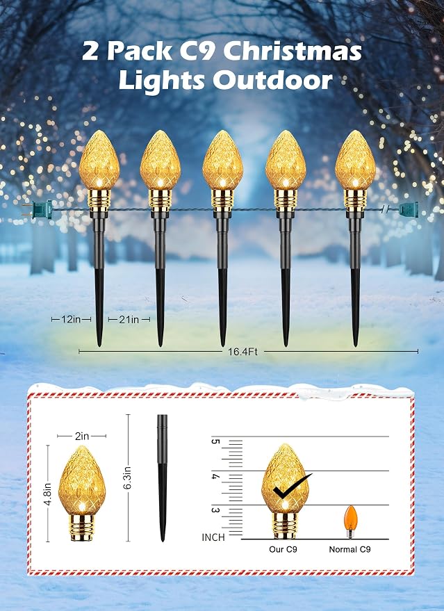 2 Pack Strawberry C9 Christmas Pathway Lights Outdoor, Total 34.8FT 20 LED | Connectable Christmas Walkway Light, Waterproof Christma Lights Outdoor Decorations for Yard Lawn Holiday Outside, Warm White