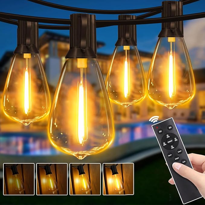 Outdoor String Lights Dimmable with Remote, 50 FT Outdoor Lights with 2 Timer and 3 Modes, Waterproof & Shatterproof Patio Lights, 2200K Energy Saving LED String Lights 2 Spare Bulbs for Patio Yard