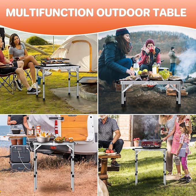 FUNYKICH Folding Grill Table for Outside, 3 Height Adjustable Portable Camping Tables, Lightweight Metal Aluminum Outdoor Table with Portable Handle for Camping, Picnic, BBQ, 23''x16'', Silver