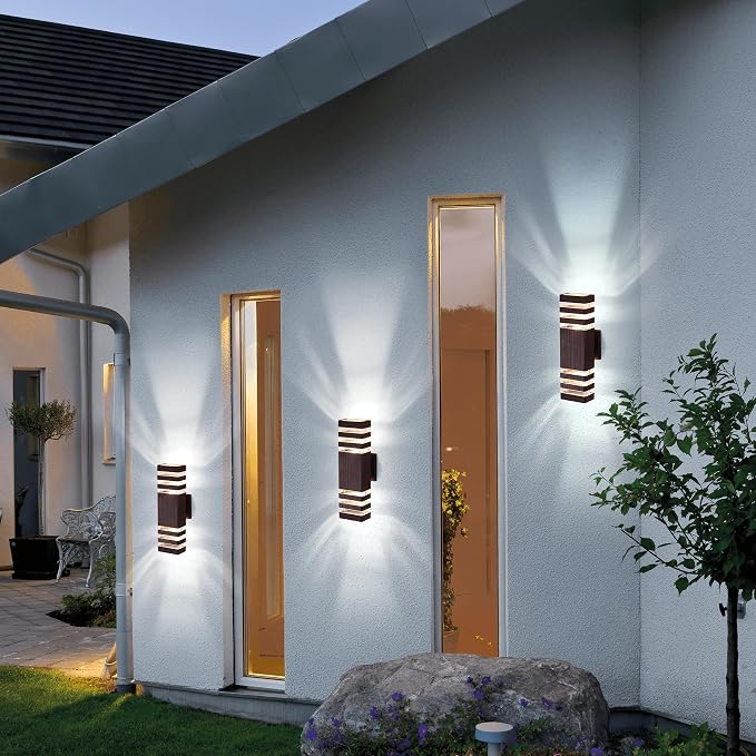 2 Pack Outdoor Wall Lights, Modern Exterior Light Fixture Wall Mount Brown Outdoor Lights for House, Waterproof Aluminum Up and Down Porch Lights Wall Sconces for Garage Patio, 3-Layer