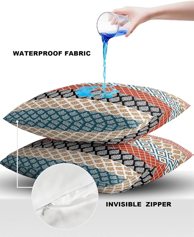 Outdoor Waterproof Throw Pillow Covers Boho Stripe Tribal Vingtage Lumbar Pillowcases Bohemian Style Pattern Decorative Pillows Cushion Case Patio Pillows for Couch Bed Garden 16 x 16 Inches