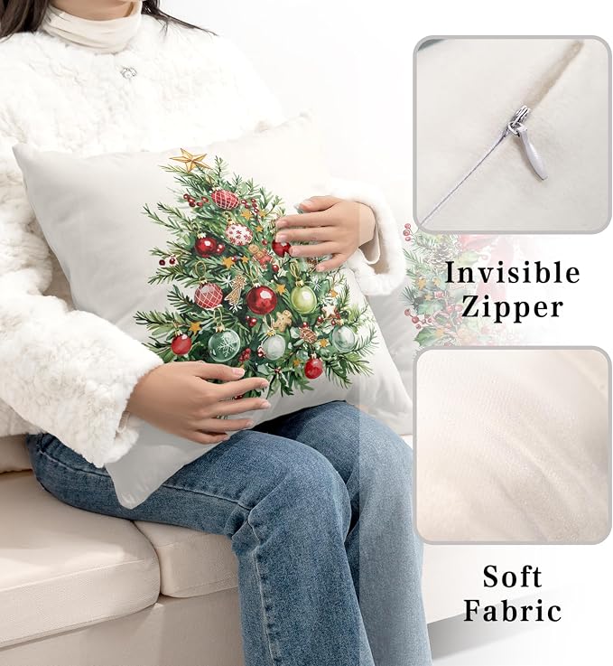 Set of 2 Christmas Tree Pillow Covers Xmas Wreath Throw Pillow Covers Red and Green Decorative Pillow Case 20x20 Winter Holiday Cushion Case for Home Decor Couch Sofa