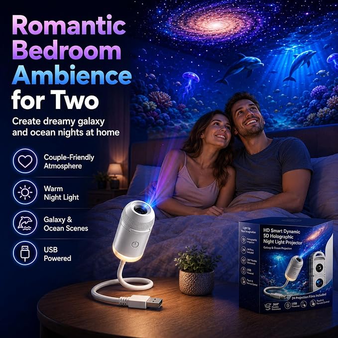 2027 Upgraded Hd Smart Dynamic 5d Holographic Night Light Projector, Plug and Play Hd Star Projector, 360° Adjustable Hd Galaxy and Ocean Projector for Indoor and Outdoor (6 Projection Films)