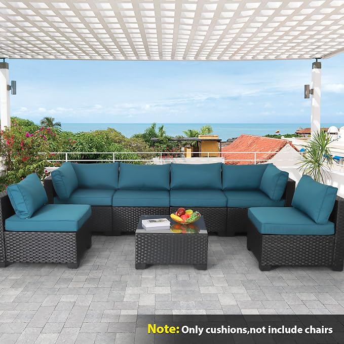 Valita Outdoor Furniture Replacement Cushions, Fits 6-seat Sectional Rattan Conversation Set, Patio Water-Resistant Replacement Sofa Cushions, Liner&Cover (Peacock Blue)