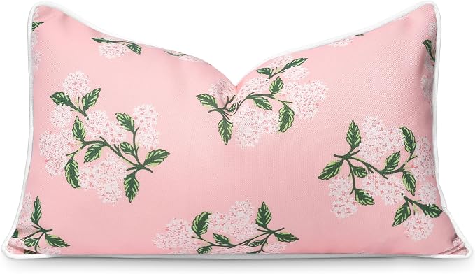 Hofdeco Premium Coastal Patio Indoor Outdoor Lumbar Pillow Cover Only, 12"x20" Water Repellent for Backyard, Couch, Blush Pink Print Hydrangea Flower