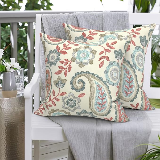 20x20 Inch Pack of 2 Patio Throw Pillow Covers ONLY, Water Repellent Cushion Cases, Square Pillowcases for Outdoor Couch Decoration, Paisley Vintage