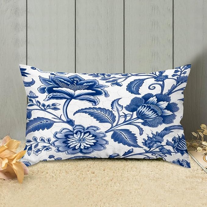 Set of 2 Blue and Ivory Indigo Floral Cushion Cover Case with Zipper 12x20in Canvas Pillow Cover Rectangle Pillow Case for Couch Bed Car Pub Coffee Bar Living Room Decoration