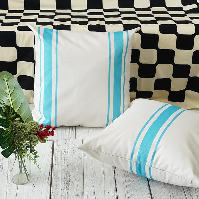 ONWAY Outdoor Pillow Covers Waterproof 20x20 Set of 2 Decorative Linen Throw Pillow Cover Beige and Blue Striped Outdoor Pillows for Patio Furniture