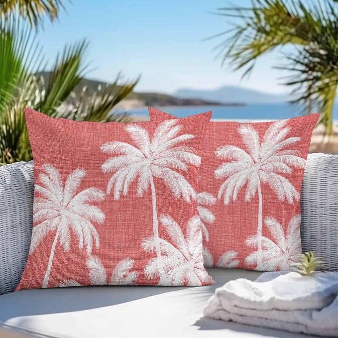 Outdoor Pillow Covers 26x26 Inch Set of 2, Coral Red Palm Trees Waterproof Throw Pillow Covers, Farmhouse Tropical Summer Beach Decorative Cushion Pillowcases for Couch, Sofa, Bed, Garden, Patio
