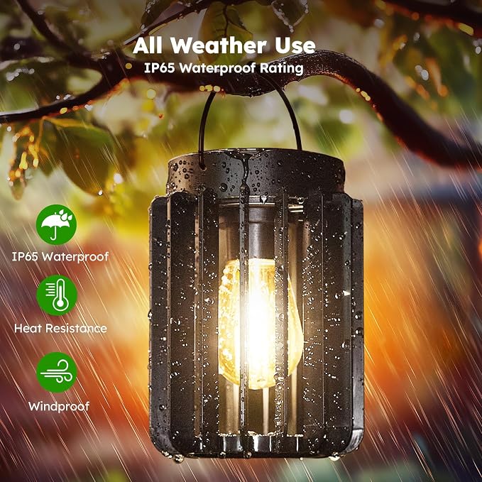 2 Pack Solar Lanterns Outdoor Waterproof, Metal Hanging Lantern, Black | 12-Hr Runtime Outdoor Solar Lantern, Auto On At Dusk, High Bright Hanging Solar Lights for Garden Porch Patio Yard Decor